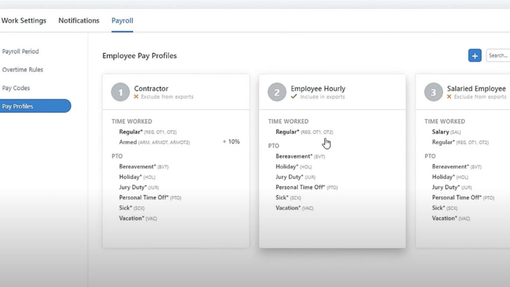 Chronotek's payroll feature lets you assign employees to 3 pay types—contractors, hourly employees, and salaried employees—each with its own pay rules.