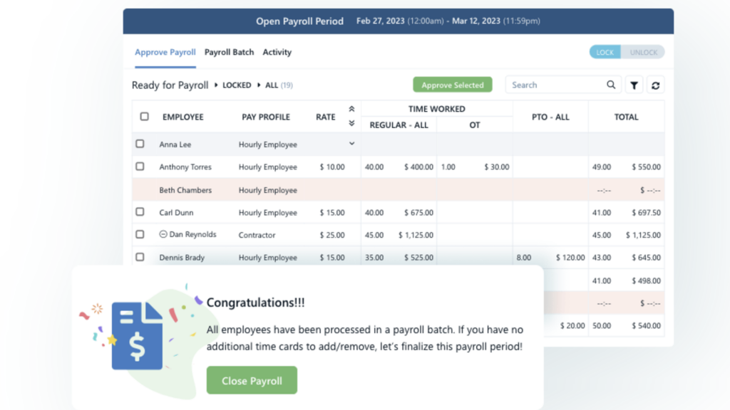 Chronotek's exportable payroll reports contain details such as employee names, pay profiles, rates, overtime, PTO, and total pay.