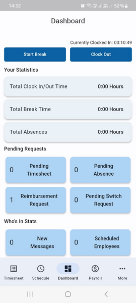 Screenshot showing start break and clock-out buttons