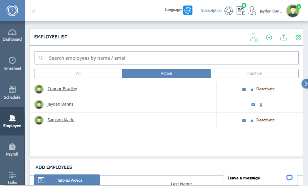 Screenshot showing Time Clock Wizard employee page 