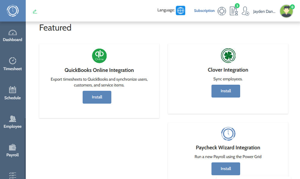 Screenshot showing Time Clock Wizard integrations