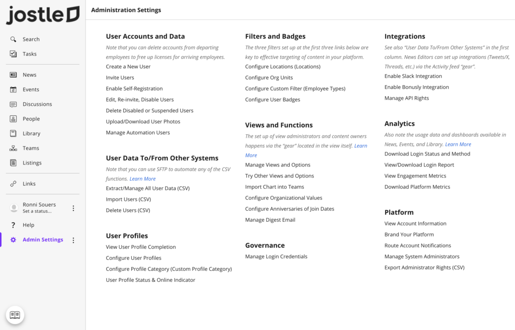 A screenshot showing the many administrative settings available to managers on Jostle.