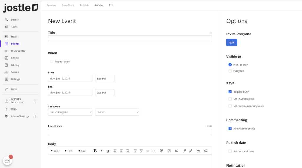 The “New Event” page on Jostle’s web app with fields for naming the event, inputting start and end times, and more. 