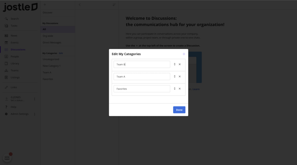 A screenshot of an “Edit My Categories” pop-up on Jostle’s web portal.