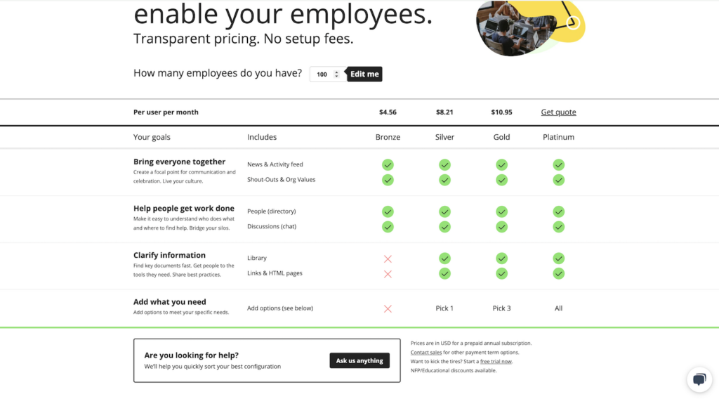 A screenshot of Jostle’s website, showing how the pricing structures work and what’s included in each of the 4 plans.