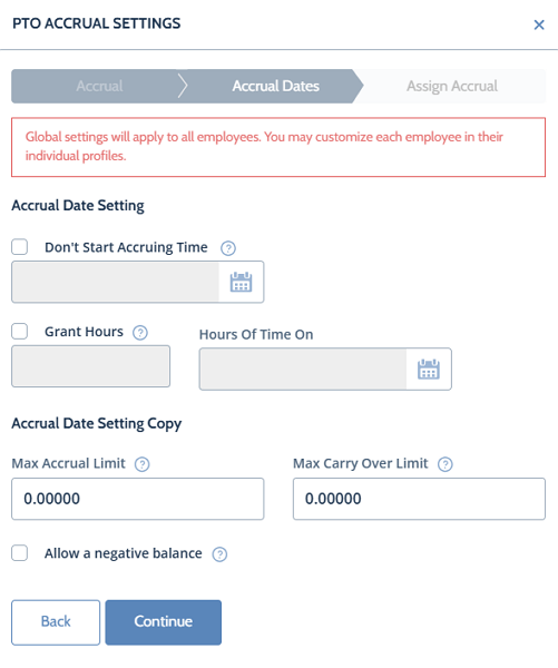 Screenshot showing PTO accrual settings page