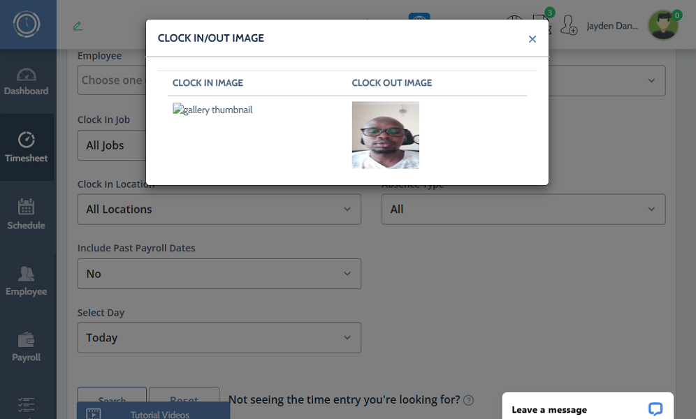 Screenshot showing an employee's photo on timesheet