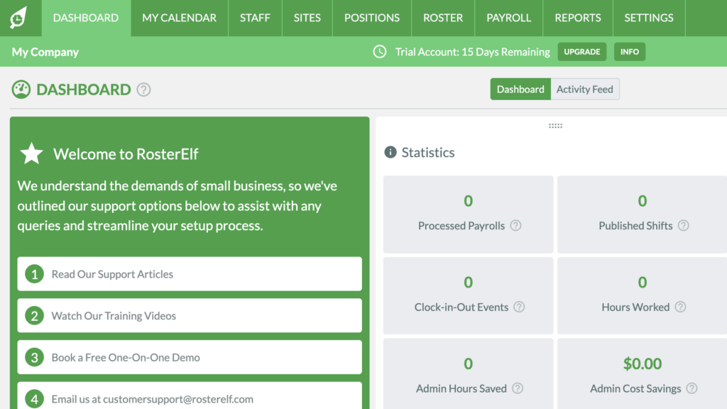 RosterElf's web interface is bright green and white in color and has all key features listed neatly in the top bar.