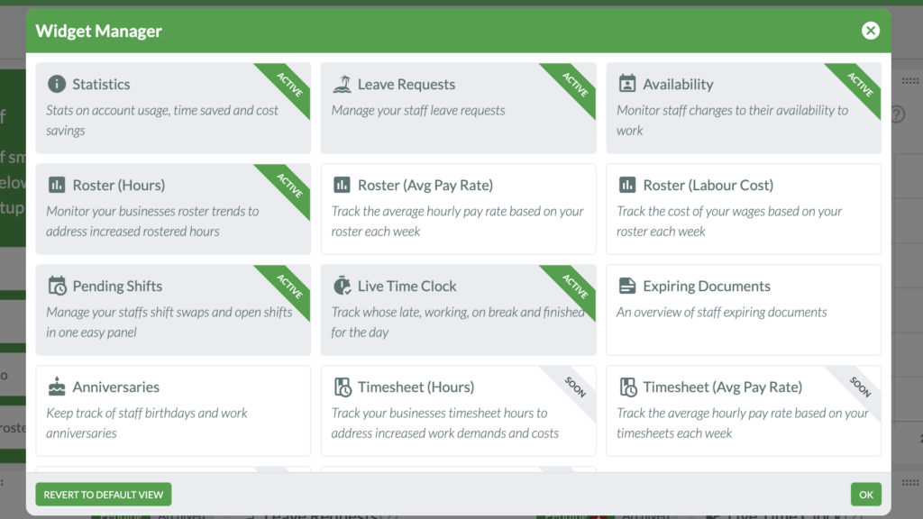 Screenshot of RosterElf's dashboard widgets, which include statistics, leave requests, employee availability, labor cost, timesheets, and more.