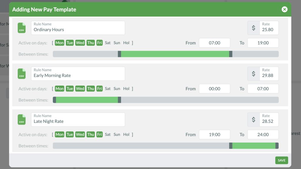 RosterElf lets you create custom payroll templates with different pay rates for days of the week, time of the day, public holidays, and overtime. 