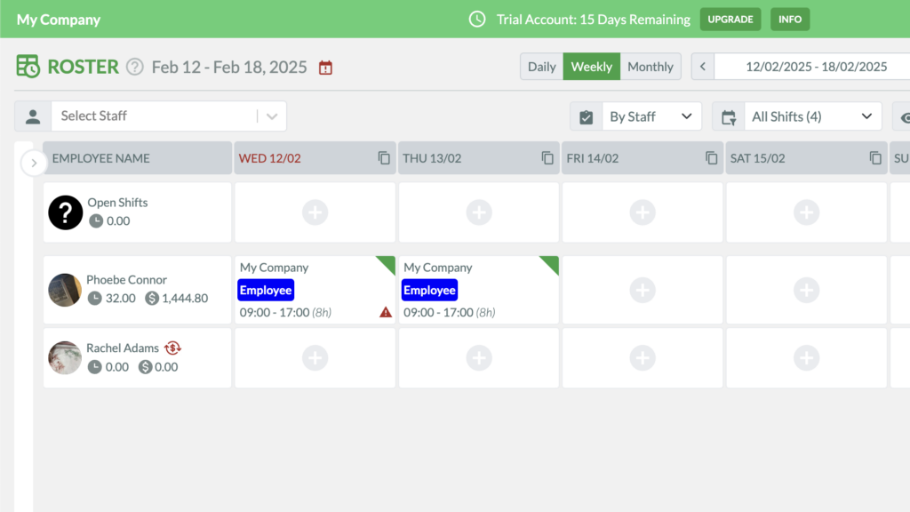 RosterElf's Rostering feature, which lets you view schedules in a calendar format by employee, site, or position.