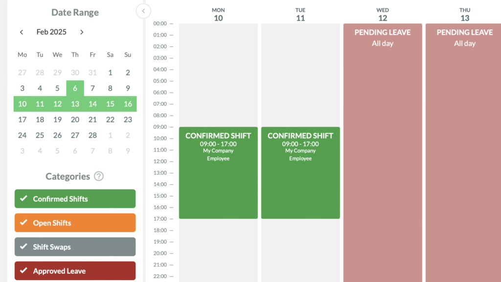 Screenshot of RosterElf's "my calendar" view, which shows users confirmed or open shifts, shift swaps, and approved or pending leave.