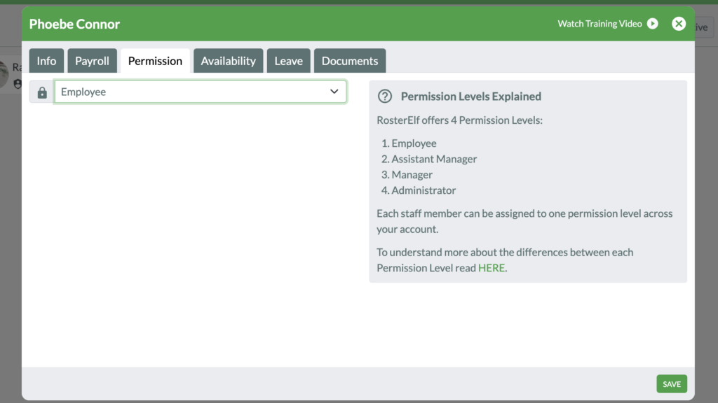 A page explaining that RosterElf’s custom permissions for staff members are based on whether they're employees, assistant managers, managers, or admins.
