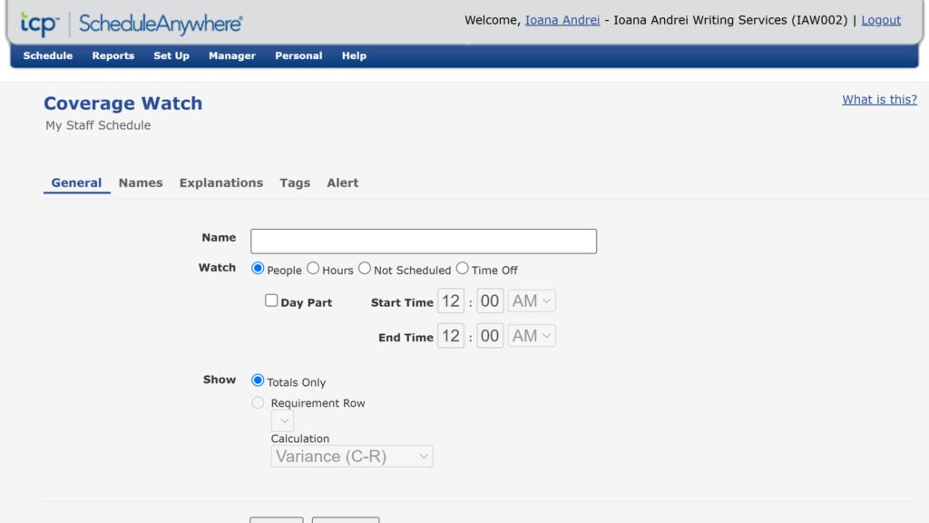 Screenshot of ScheduleAnywhere's coverage watch settings, including variables to watch.