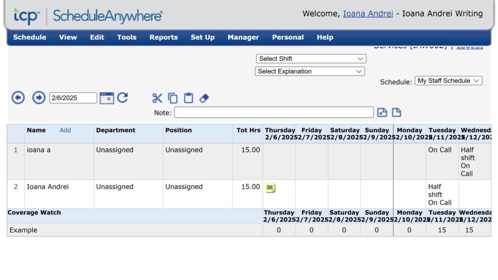 A ScheduleAnywhere account homepage showing a spreadsheet-like schedule table.