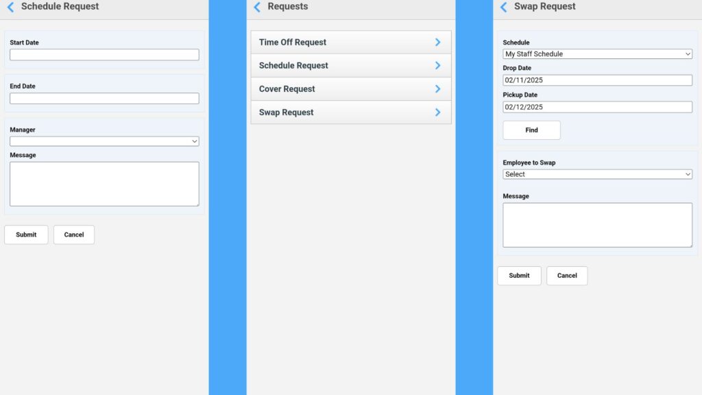 Collage of ScheduleAnywhere mobile screenshots showing shift request and swap features. 