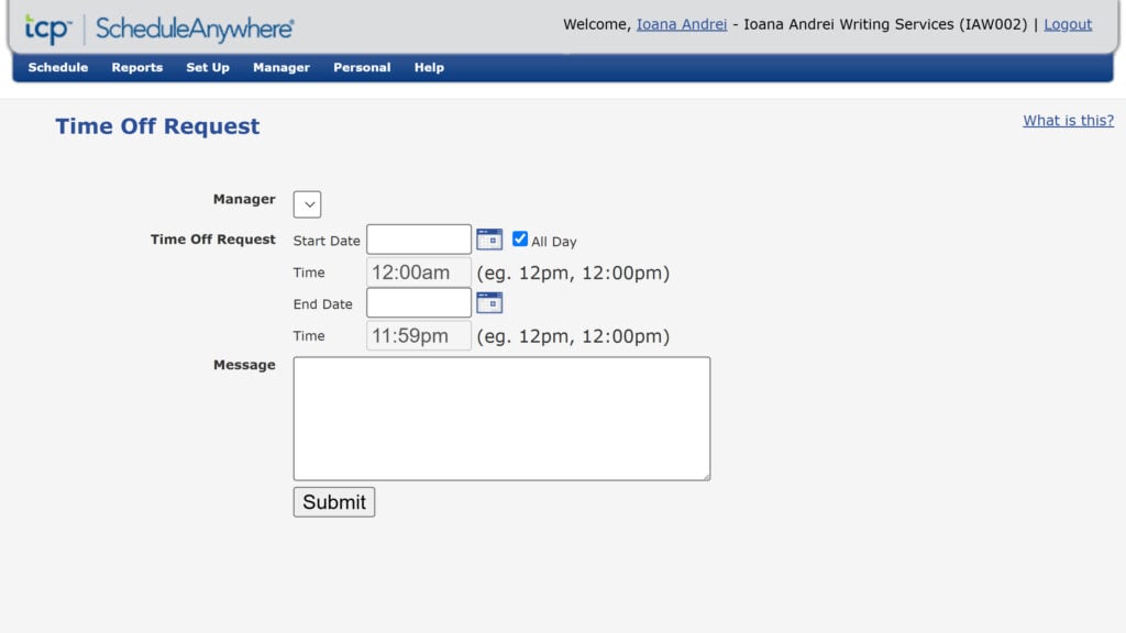 Screenshot of ScheduleAnywhere’s time off request page, including start and end dates and message. 