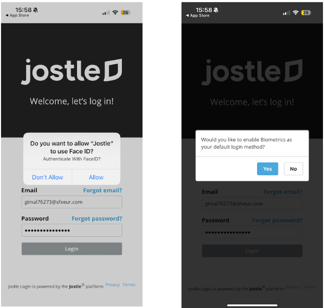 A screenshot of Jostle’s mobile app, with a pop-up for enabling biometric log.