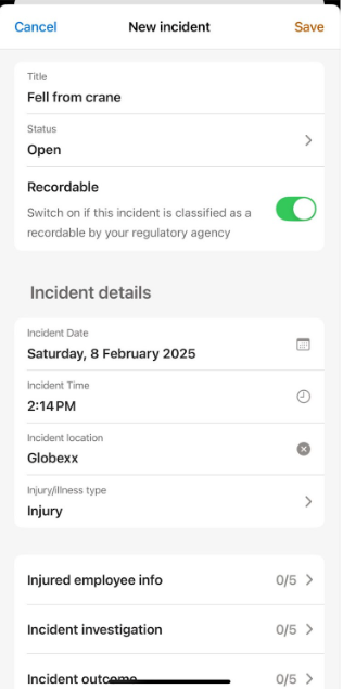 Screenshot of a mobile incident report for a crane fall, showing status, time, location, injury type, and investigation fields.