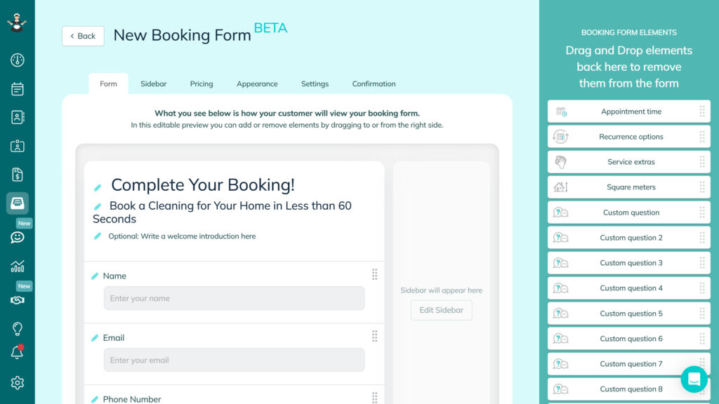 Screenshot of customizable booking form on ZenMaid