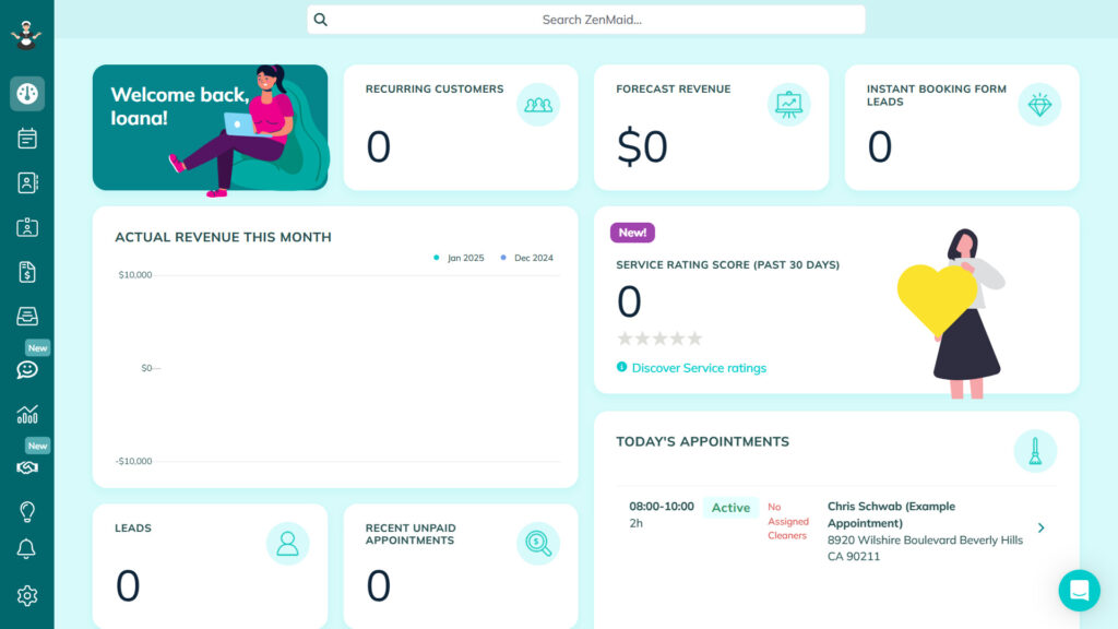 Screenshot of the ZenMaid desktop dashboard showing upcoming appointments and statistics, including revenue forecasts.