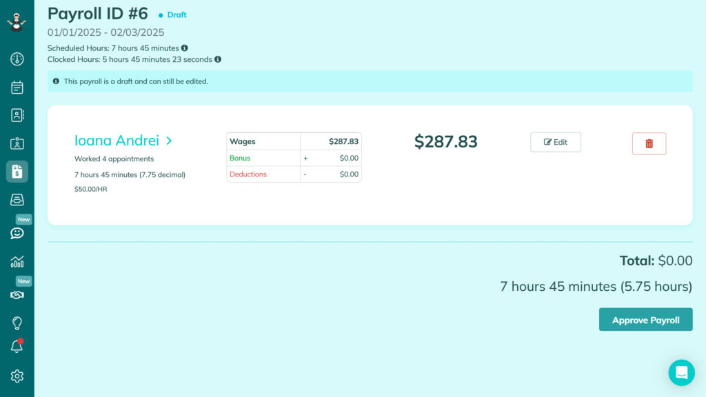 Screenshot of ZenMaid's payroll section showing an employee's total pay for the period.