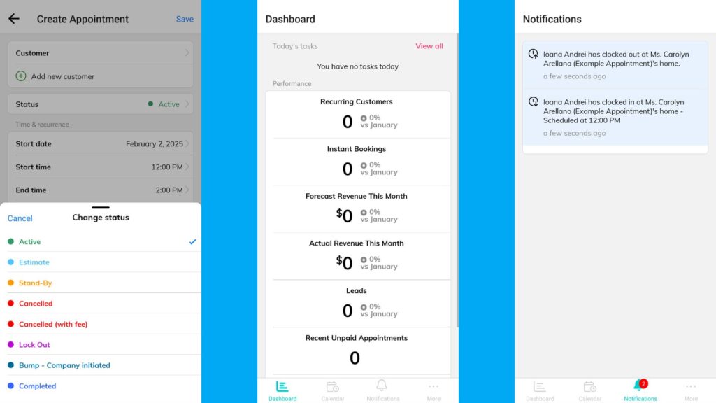 Three ZenMaid mobile app screenshots showing a notifications list, a dashboard with statistics, and an appointment status.