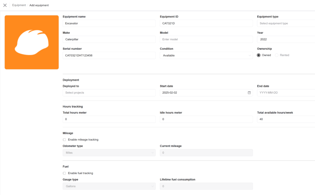 Equipment entry form for logging excavator details, including ID, make, condition, deployment, hours tracking, and fuel usage options.