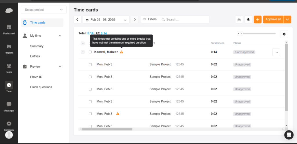 Screenshot of a Raken timesheet showing unapproved entries with a warning about insufficient break durations.