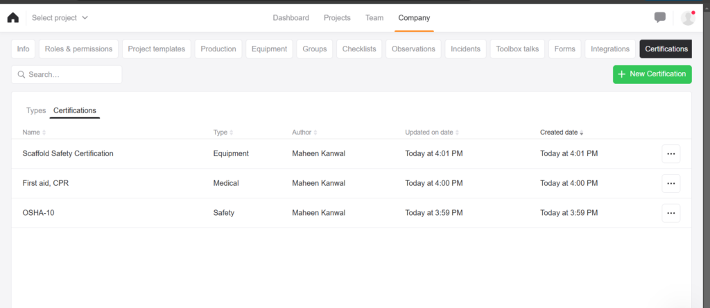 Screenshot of a certification management interface listing scaffold safety, first aid CPR, and OSHA-10 certifications with timestamps.