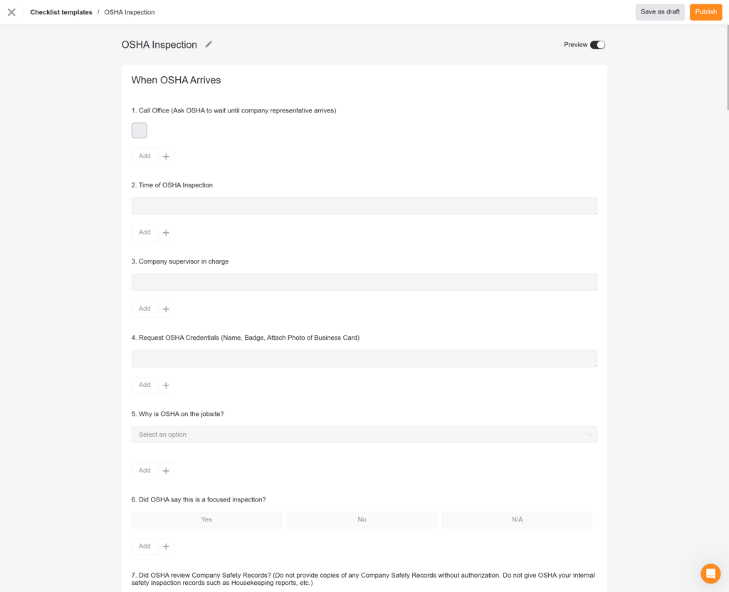 Screenshot of an OSHA inspection checklist template, which includes questions and corresponding response types.