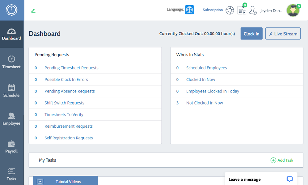 Screenshot of Time Clock Wizard dashboard