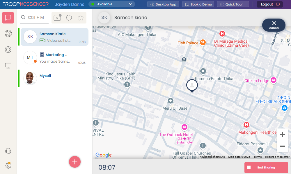 Screenshot showing Troop Messenger location tracking