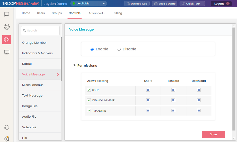 Screenshot showing Troop Messenger controls