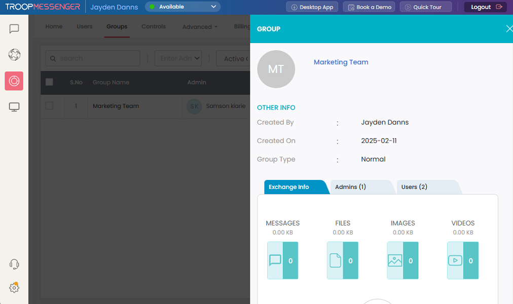 Screenshot showing group metrics