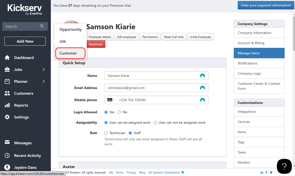 Screenshot showing Kickserv customer management option.