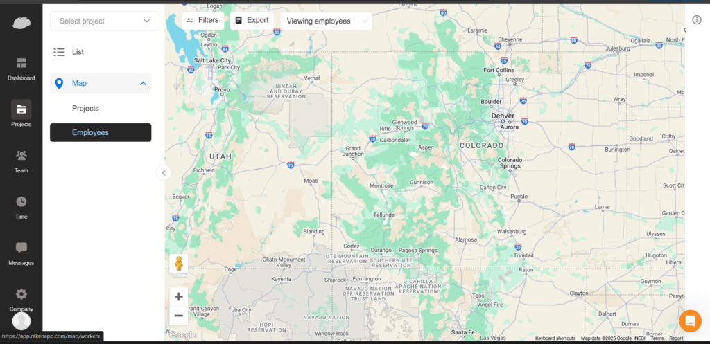 Map-based employee management tool showing employee locations across several US states with filters, export options, and employee viewing features.