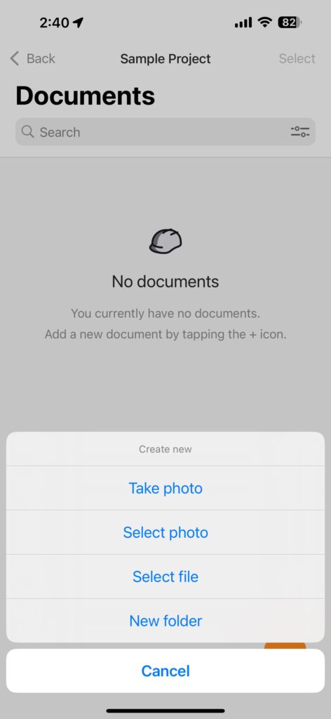 The Raken document management tool allows users to upload photos, select files, or create folders for organizing project documents.