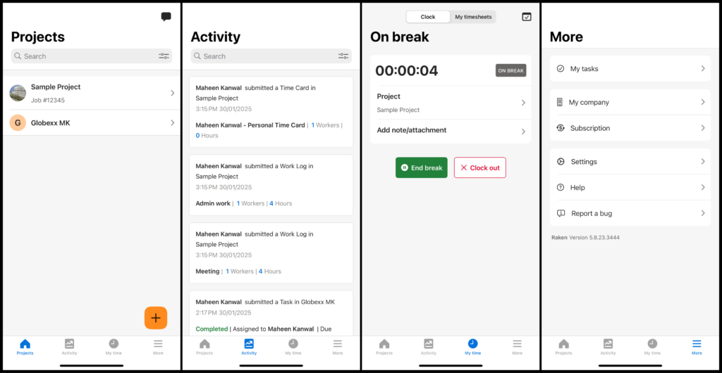 Collage featuring 4 screenshots of Raken’s mobile app, including Projects, Activity, On Break, and More. 