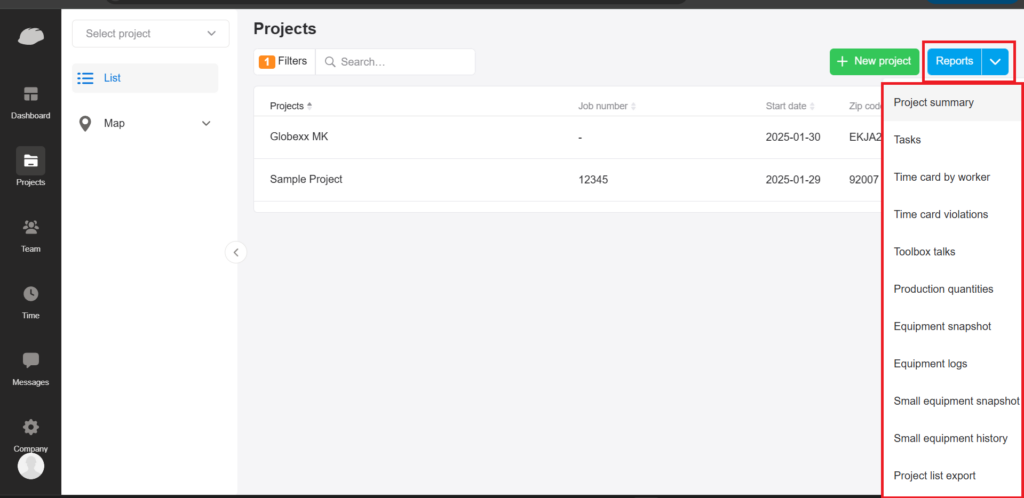 The reports menu provides project summaries, time tracking, equipment logs, and production data.