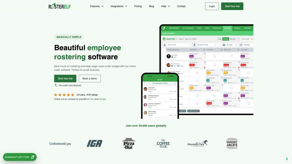 A screenshot showing the Rosterelf homepage