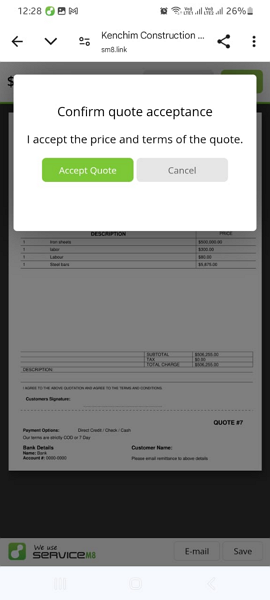 Screenshot showing ServiceM8 quote on mobile