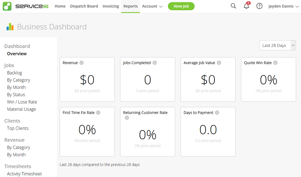 Screenshot showing ServiceM8 dashboard