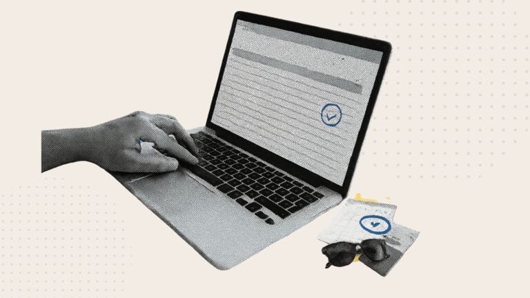 An illustration showing hands working on a laptop with an Excel PTO tracker open