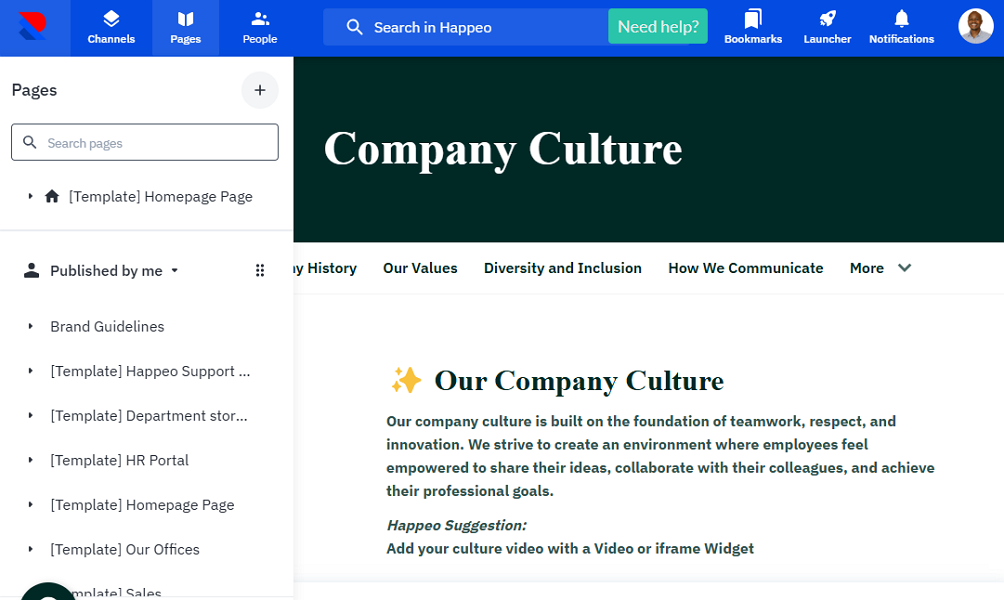 Screenshot showing Happeo’s Pages navigation panel