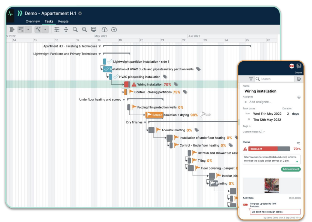 LetsBuild Geniebelt visualizes project schedules with live Gantt charts, task updates, and real-time issue reporting.