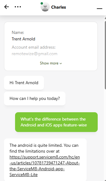 Screenshot showing ServiceM8 live chat