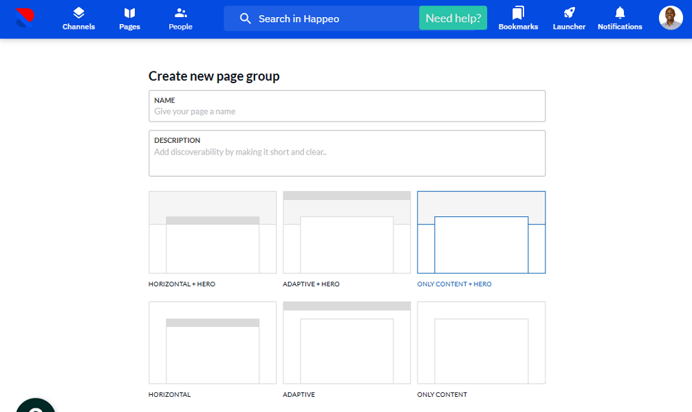 Screenshot showing Happeo’s page builder.