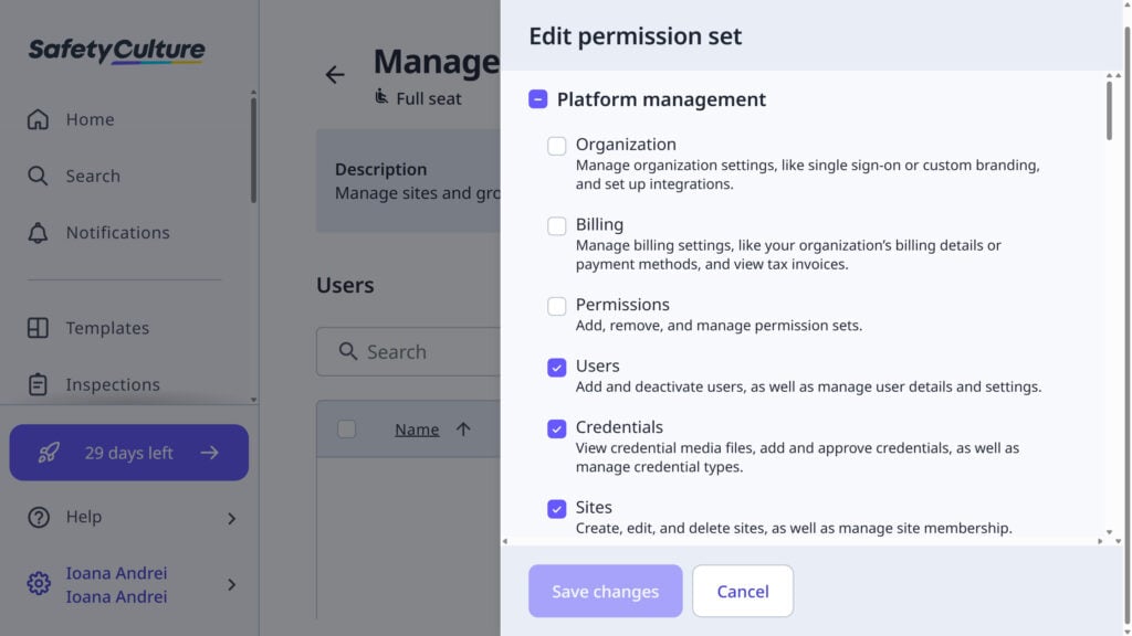 SafetyCulture's security measures include detailed user access and permissions.