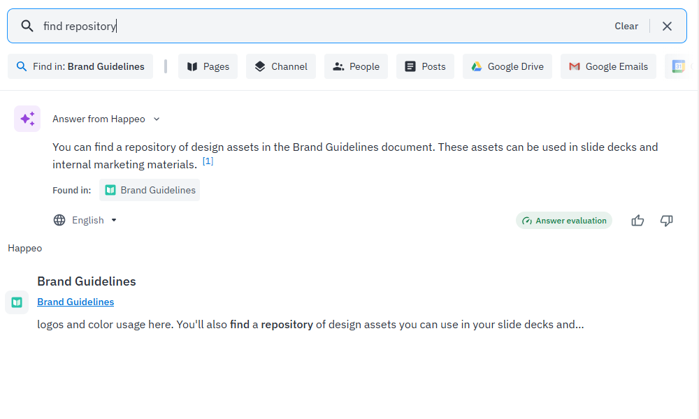 Screenshot showing Happeo’s AI-powered search feature